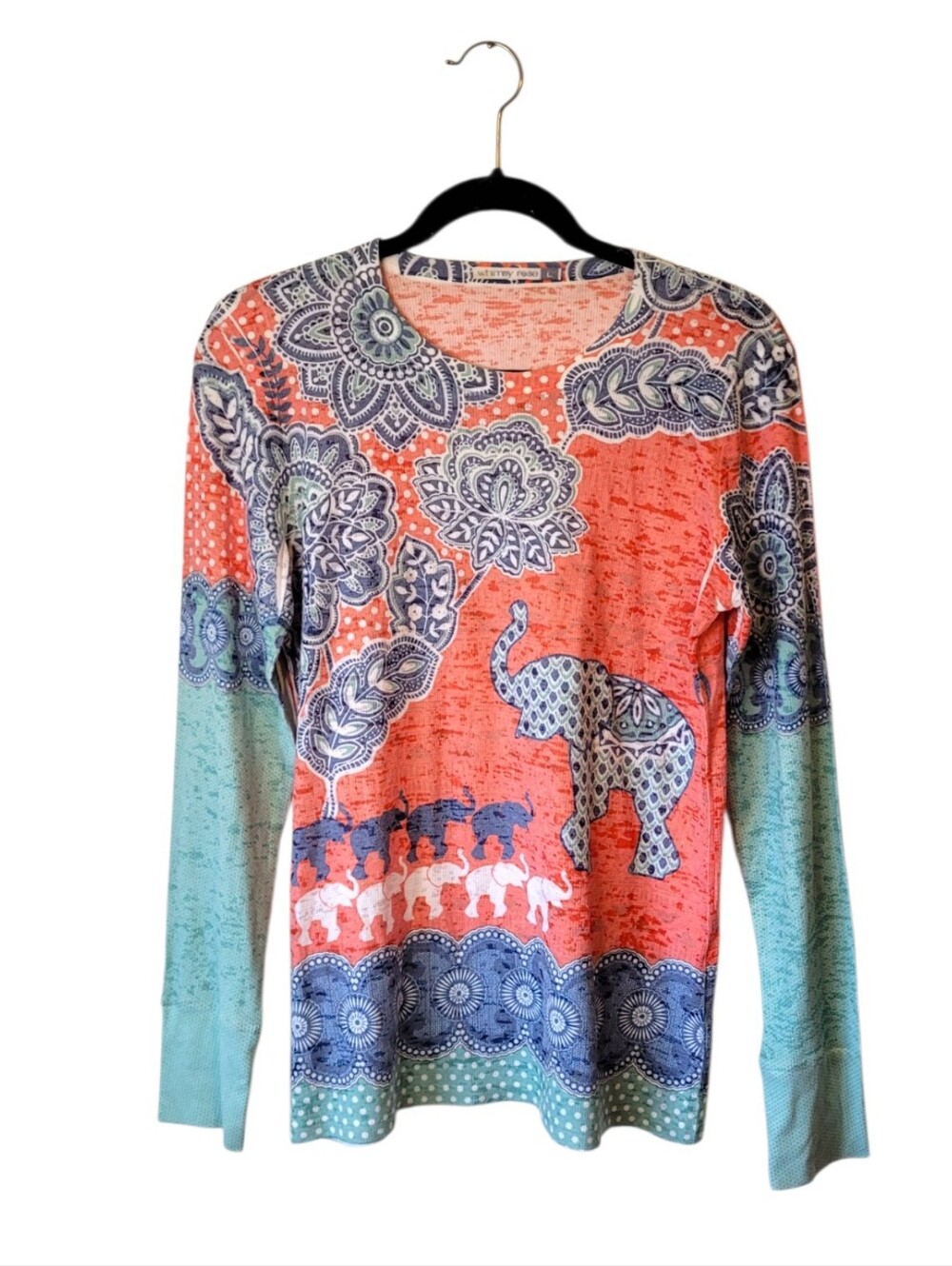 Whimsy Rose Baby Waffle Women's Coral and Teal Printed Long-Sleeve Thermal Top L